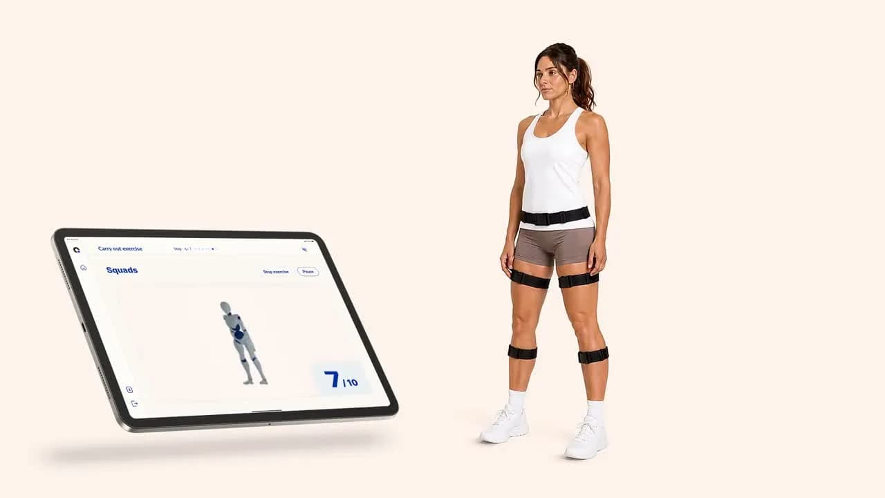 Woman in a squat wearing Beyond Motion sensors on both thighs; a tablet beside her shows the exercise live in the app and counts repetitions.